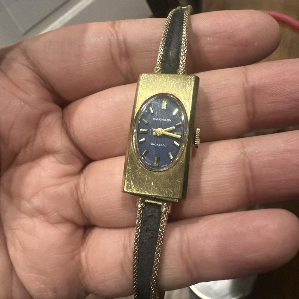 Working Vintage Wakmann Blue Dial Manual Wind incabloc Ladies Watch 16mm Fit 6in